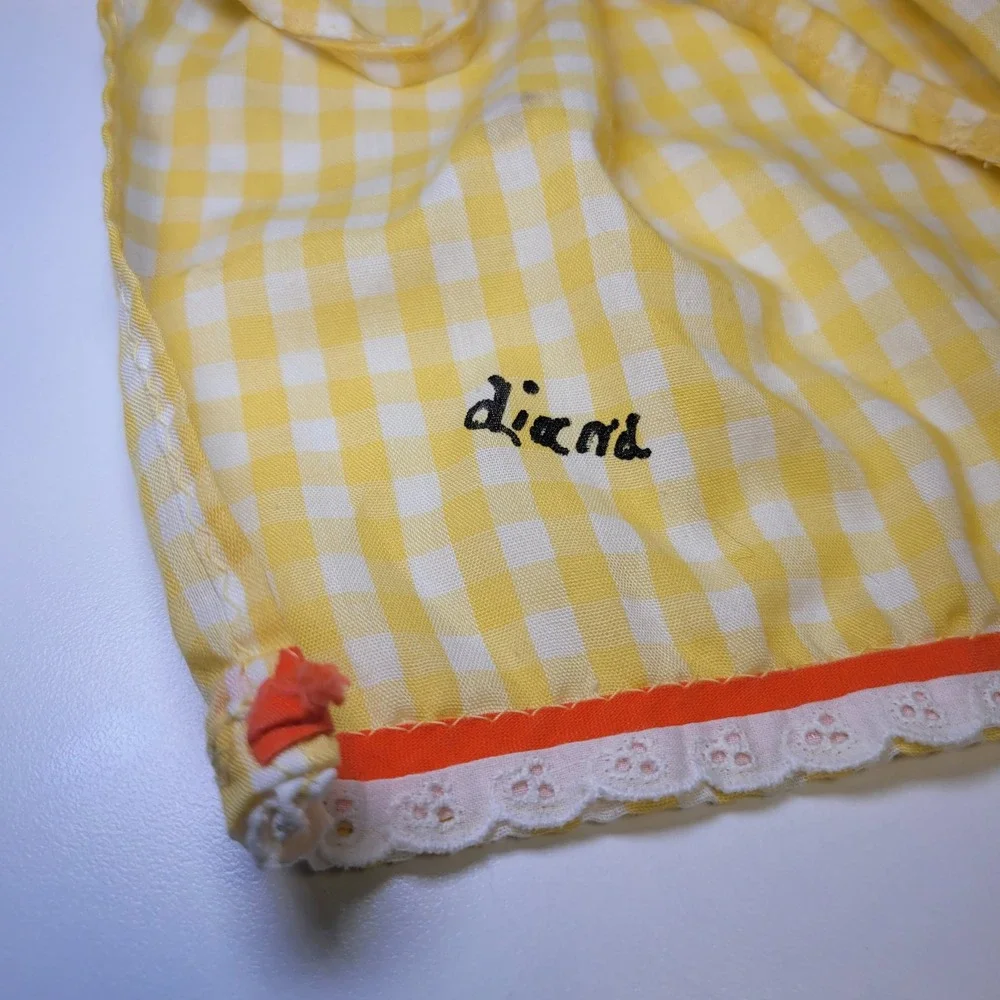 Vintage Yellow Gingham Child Apron Hand Painted Bear‎ with Balloons Bib Set